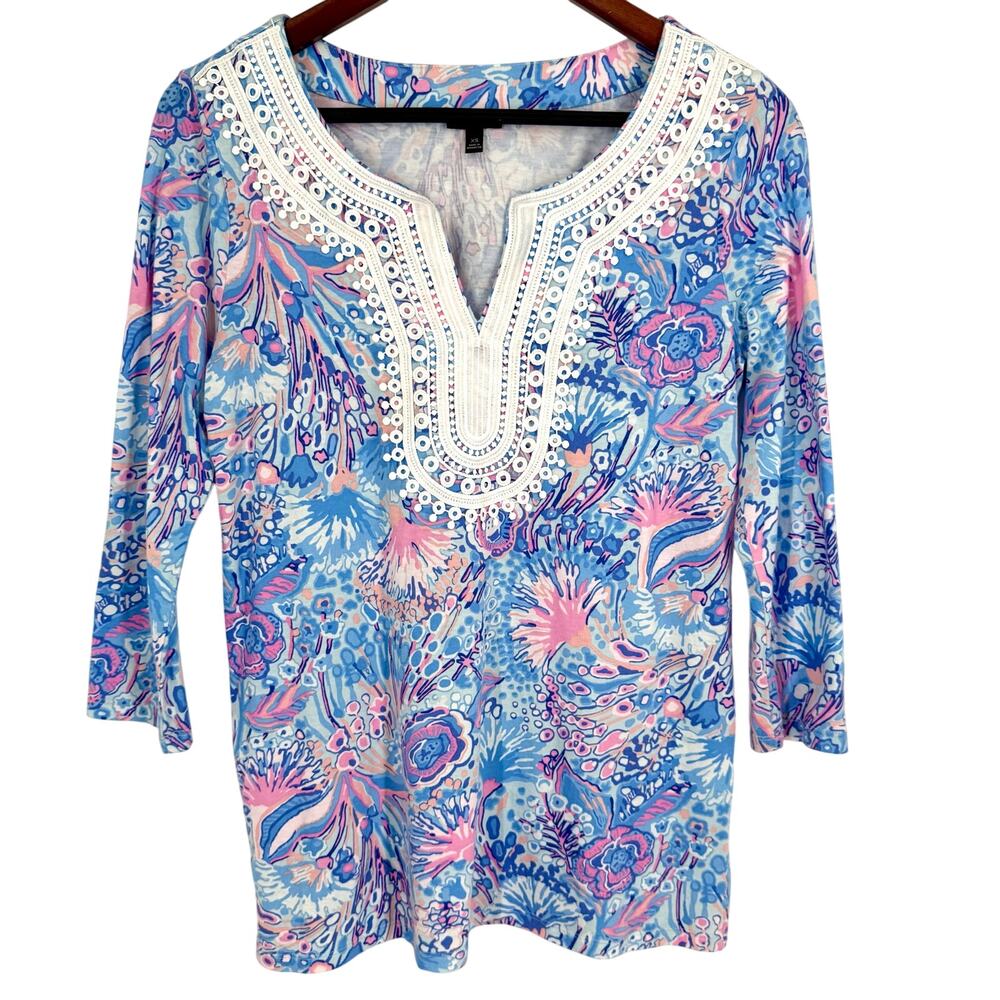 Talbots Sz XS Soft Blue Pink Tropical 3/4 Sleeve Beach Summer Blouse Shirt Top